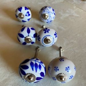 Dresser knobs Blue hand painted set of 6